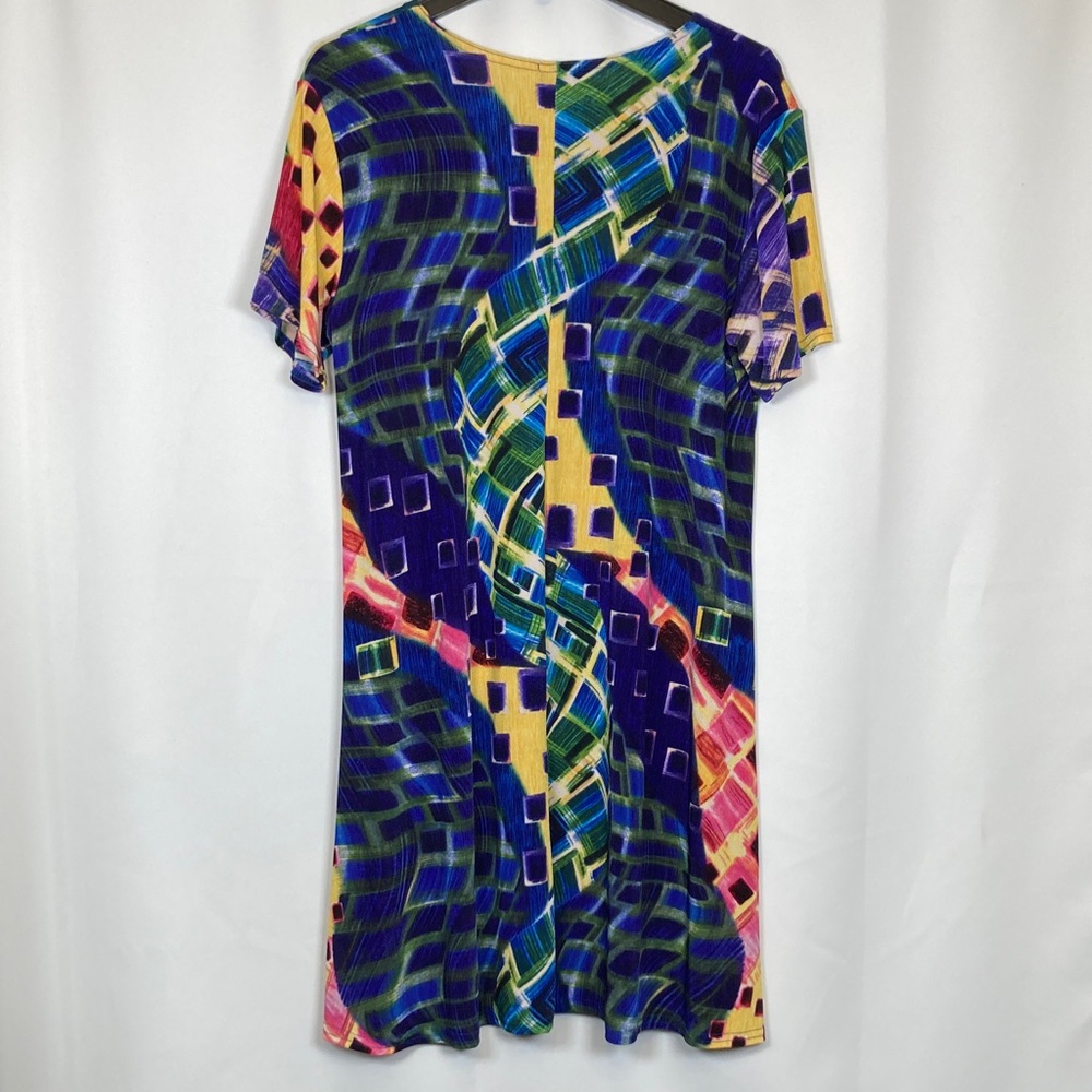 Jostar Short Sleeve Vibrant Multicolor Midi Swing A-line Dress Sz L Bold Bright - Picture 6 of 15